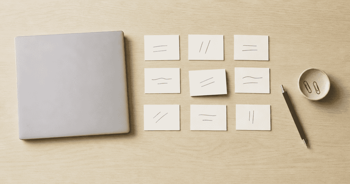 A closed laptop beside three columns of plain cards on a warm paper surface, the setup behind using ChatGPT for project management with a live kanban board